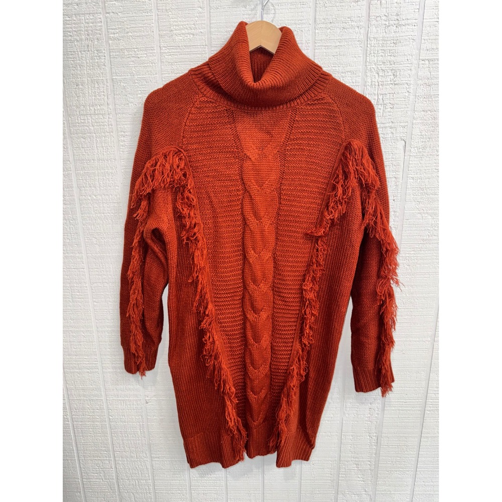 BTFBM Sweater Dress Womens Burnt Orange Fringe Cable Knit Turtleneck Large